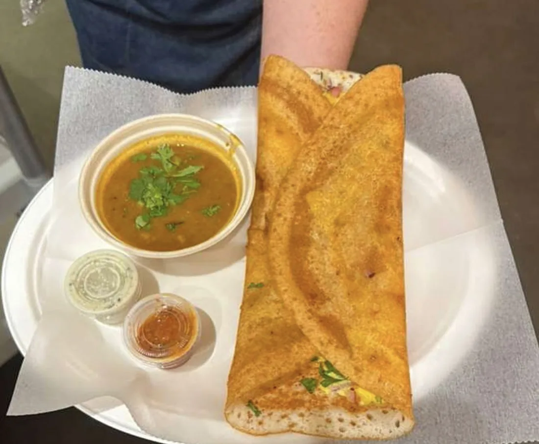 Paneer masala dosa with sambar and chutneys