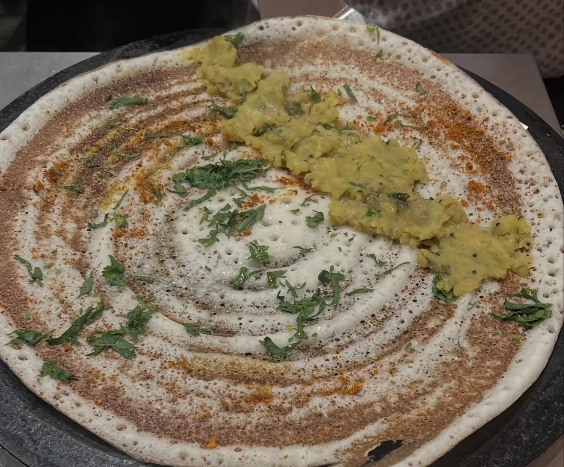 Masala dosa with sambar and chutneys